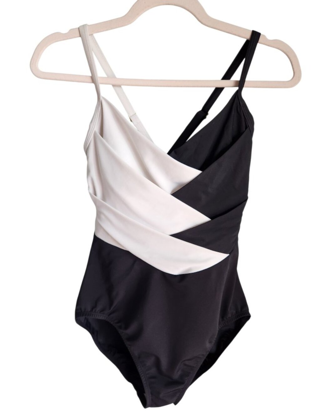 Lands' End Swimsuit 12 Black White SlenderSuit Wrap One Piece Bathing Suit